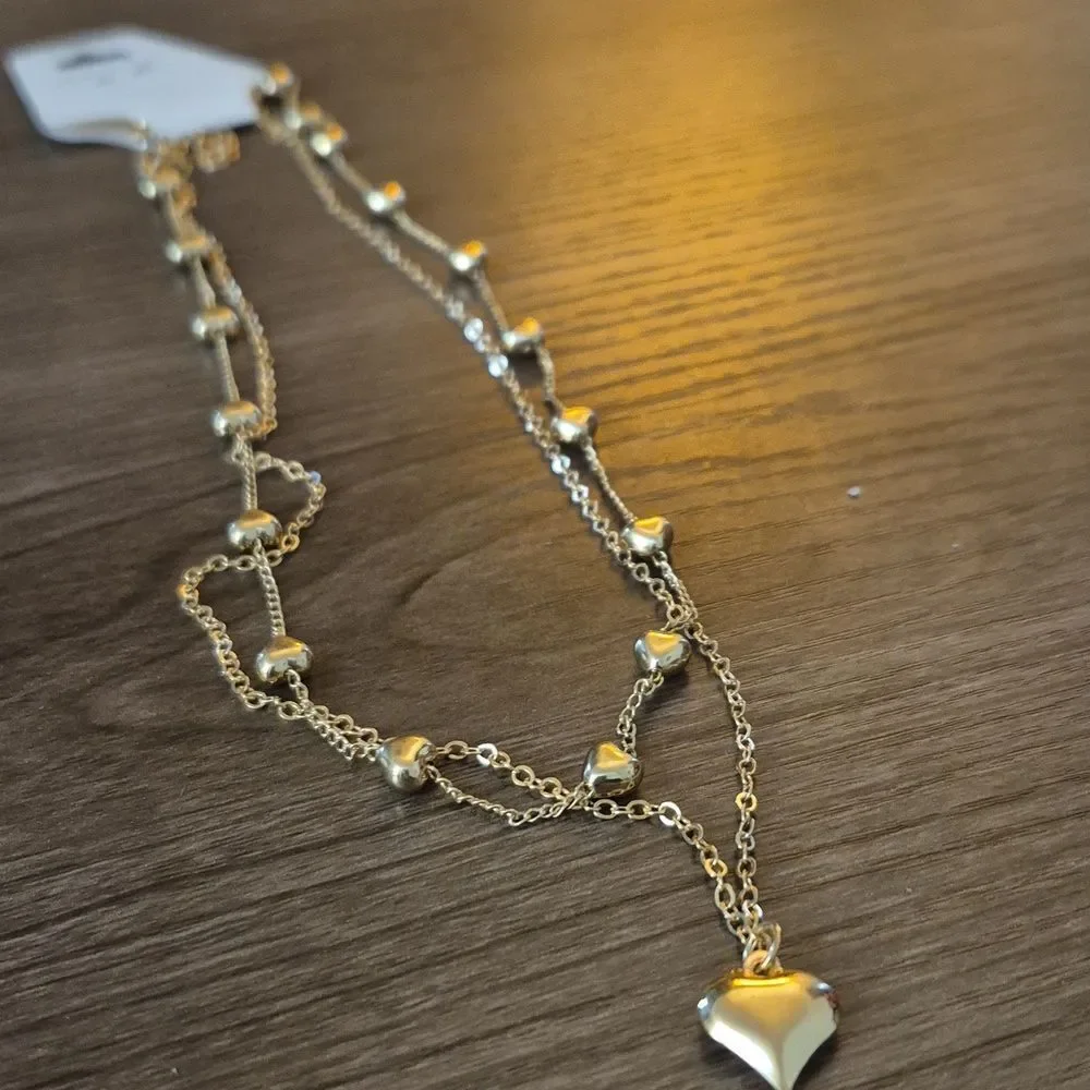 ♡♡♡ Layered Heart Pendant Necklace Gold Plated Beaded Chain Set of 2